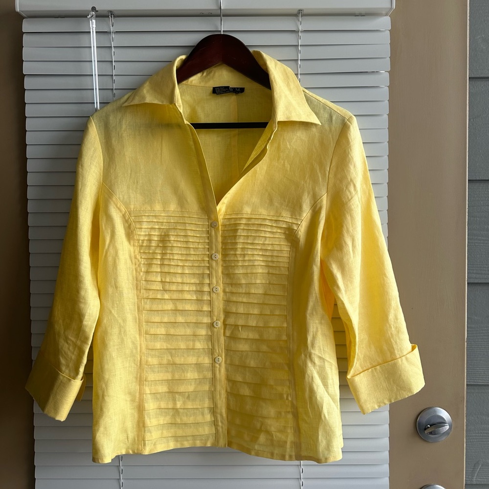 Tracy M Women’s Button down 3/4 sleeve collared Yellow Blouse